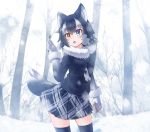  1girl animal_ears between_breasts black_hair black_legwear blue_eyes blush breast_pocket breasts day fang forest fur_collar gloves grey_wolf_(kemono_friends) heterochromia highres holding holding_pencil kakutasu_(akihiron_cactus) kemono_friends long_sleeves medium_breasts multicolored_hair nature necktie necktie_between_breasts open_mouth orange_eyes outdoors pencil plaid plaid_skirt pocket silver_hair skirt snow snowing solo standing tail thigh-highs white_gloves wolf_ears wolf_tail 