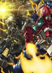  2boys 80s autobot axe battle_axe blue_eyes clenched_hand full_body glowing glowing_weapon headgear huge_weapon insignia looking_at_another looking_down multiple_boys no_humans nova_prime oldschool optimus_prime paintedmike transformers weapon 