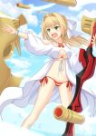  1girl aestus_estus ahoge bikini blonde_hair blue_sky clouds criss-cross_halter cross_(crossryou) eyebrows_visible_through_hair fate/grand_order fate_(series) green_eyes halterneck long_hair nero_claudius_(fate)_(all) nero_claudius_(swimsuit_caster)_(fate) side-tie_bikini sky solo standing striped striped_bikini swimsuit water 