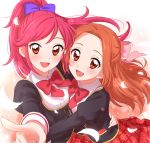  2girls :d aikatsu! blue_bow blush bow bowtie brown_hair checkered checkered_skirt collared_shirt eyebrows_visible_through_hair fingernails hair_bow hair_ribbon highres hug juliet_sleeves long_sleeves looking_at_viewer multiple_girls open_mouth otoshiro_noel otoshiro_seira pink_hair pink_ribbon pleated_skirt pointing pointing_at_viewer ponytail puffy_sleeves red_eyes red_neckwear red_skirt ribbon sekina shirt siblings sisters skirt smile white_shirt wing_collar 