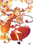  1girl alternate_costume bell bow chains cuffs dress hair_bow hair_ornament horn_bow horns htk_mikan ibuki_suika leaf long_hair maple_leaf open_mouth orange_hair red_bow red_wine shackles sleeveless sleeveless_dress solo touhou 