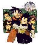 2girls 5boys :o =3 annoyed armor black_eyes black_hair blue_eyes bulma chi-chi_(dragon_ball) clenched_hand dougi dragon_ball dragonball_z frown glasses gloves green_background looking_at_another looking_at_viewer looking_away looking_back multiple_boys multiple_girls neko_ni_chikyuu nervous open_mouth purple_hair short_hair simple_background son_gohan son_gokuu son_goten speech_bubble spiked star starry_background sweatdrop tama_(dragon_ball) trunks_(dragon_ball) vegeta white_background wristband 