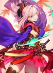  1girl ass blue_eyes detached_sleeves fate/grand_order fate_(series) fire hair_intakes hair_ornament katana long_sleeves looking_back miyamoto_musashi_(fate/grand_order) open_mouth pink_hair ponytail solo sword thigh-highs weapon yangsion 