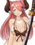  1girl :d bangs bare_arms bare_shoulders blue_eyes breasts granblue_fantasy hair_ornament hair_over_one_eye hairclip halterneck highres horns japanese_clothes kimono large_breasts long_hair narumeia_(granblue_fantasy) navel one_eye_covered open_mouth pink_hair simple_background smile solo sookmo upper_body white_background 