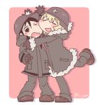  2girls black_hair blonde_hair blush cheek-to-cheek chito_(shoujo_shuumatsu_ryokou) clinging commentary fur_trim gloves helmet jam_(lc_jam) leg_up military military_uniform multiple_girls shoujo_shuumatsu_ryokou simple_background smile stahlhelm uniform yuuri_(shoujo_shuumatsu_ryokou) 