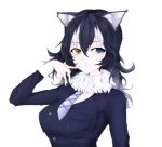  1girl :3 animal_ears black_hair blue_eyes breast_pocket commentary_request eyebrows_visible_through_hair finger_to_mouth fur_collar grey_wolf_(kemono_friends) hair_between_eyes heterochromia highres kemono_friends long_hair looking_at_viewer multicolored_hair nekomata_kyou pocket simple_background smile solo streaked_hair two-tone_hair upper_body white_background white_hair wolf_ears yellow_eyes 