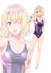  1girl bare_shoulders barefoot blonde_hair blue_eyes blush breasts cleavage collarbone commentary_request competition_swimsuit eyebrows_visible_through_hair full_body highres large_breasts looking_at_viewer multiple_views nail_polish one-piece_swimsuit one_eye_closed original short_hair smile standing swimsuit tawagoto_dukai_no_deshi tehepero tongue tongue_out 