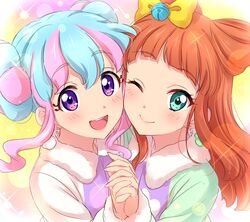  2girls :d aikatsu! bangs bell blue_eyes blue_hair blush bow brown_hair double_bun earrings eyebrows_visible_through_hair eyelashes fur_trim hair_bell hair_bow hair_ornament hanazono_kirara hand_holding highres interlocked_fingers jewelry jingle_bell long_hair long_sleeves looking_at_viewer multicolored_hair multiple_girls one_eye_closed open_mouth pink_hair saotome_ako sekina smile sparkle two-tone_hair violet_eyes 