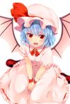  1girl bat_wings blouse blue_hair blush bow bowtie circle_skirt collared_blouse commentary eyebrows_visible_through_hair fangs flower frilled_skirt frilled_sleeves frills from_above hair_bow hands_on_lap hands_together hat highres jewelry lace-trimmed_cuffs long_skirt looking_at_viewer looking_up medium_hair nnyara open_mouth pendant pink_blouse pink_hat pink_skirt puffy_short_sleeves puffy_sleeves red_eyes red_footwear remilia_scarlet ribbon-trimmed_blouse ribbon-trimmed_headwear ribbon-trimmed_skirt ribbon-trimmed_sleeves ribbon_trim rose short_sleeves signature simple_background sitting skirt skirt_set slit_pupils solo touhou tsurime v_arms wariza white_background wings wrist_cuffs 