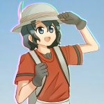  :d backpack bag black_gloves blue_eyes blue_hair bucket_hat eyebrows_visible_through_hair gloves gradient_ray hand_on_headwear hat hat_feather kaban_(kemono_friends) kemono_friends open_mouth red_shirt shirt smile 