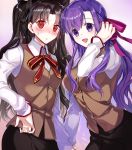  2girls :d adjusting_hair bangs black_skirt blush breasts brown_vest collared_shirt colored_eyelashes cosplay cowboy_shot embarrassed eyebrows_visible_through_hair fate/grand_order fate/stay_night fate_(series) gradient gradient_background hair_ribbon hand_holding hand_in_hair hand_on_hip hand_up ishtar_(fate/grand_order) leaning_forward long_hair long_sleeves looking_at_viewer matou_sakura medium_breasts multiple_girls neck_ribbon nose_blush open_mouth parted_bangs parvati_(fate/grand_order) pink_background purple_hair red_ribbon ribbon shirt skirt smile standing star_in_eye sweat tareme tohsaka_rin uniform very_long_hair violet_eyes white_shirt wing_collar ycco_(estrella) 