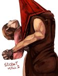  1boy 1girl blood commentary_request gloves helmet mary_shepherd-sunderland monster muscle pyramid_head silent_hill silent_hill_2 