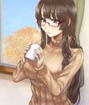  1girl autumn_leaves blue_sky brown_hair brown_sweater curtains glasses grey_eyes holding_mug impossible_clothes indoors long_hair nekotama_(tsuki) original parted_lips red-framed_eyewear ribbed_sweater sky solo standing sweater tree under-rim_eyewear 
