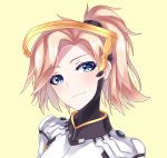  1girl absurdres artist_name blonde_hair closed_mouth eyebrows_visible_through_hair facial_mark faulds hair_tie helen_phan high_ponytail highres looking_at_viewer mechanical_halo mercy_(overwatch) overwatch short_hair signature simple_background smile solo upper_body yellow_background 