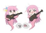  1girl bangs blue_eyes blush bocchi_the_rock! boo_(mario) cool_unc00l cube_hair_ornament electric_guitar ghost ghost_tail gibson_les_paul gotou_hitori guitar hair_between_eyes hair_ornament hair_over_eyes holding holding_instrument instrument long_hair long_sleeves music one_side_up open_mouth pink_hair playing_instrument simple_background sparkle super_mario_bros. white_background 