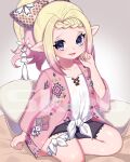 1girl avatar_(ff14) black_shorts blonde_hair blue_eyes bow braid commission elf final_fantasy final_fantasy_xiv flower hair_bow hair_flower hair_ornament hand_on_own_face highres lalafell long_hair looking_at_viewer open_mouth pillow pink_shirt pointy_ears ponytail ribbon shirt short_shorts shorts sitting skeb_commission smile solo thighs watermark white_shirt yuma_(pixiv38148735)