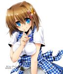  1girl bangs blue_eyes blue_neckwear blue_skirt bow bowtie breasts brown_hair cellphone checkered checkered_skirt closed_mouth dasuto dated dress_shirt eyebrows_visible_through_hair finger_to_mouth hair_ornament high-waist_skirt holding looking_at_viewer lyrical_nanoha medium_breasts name_tag phone shirt short_hair short_sleeves shushing skirt smartphone smile solo standing suspender_skirt suspenders tray twitter_username upper_body waitress white_shirt x_hair_ornament yagami_hayate 