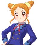  1girl :t aikatsu! arisugawa_otome blouse blue_jacket blush closed_mouth double_bun frown hands_on_hips highres jacket looking_at_viewer orange_eyes sekina short_hair simple_background solo standing upper_body v-shaped_eyebrows white_background white_blouse 