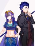  &gt;:( 1boy 1girl bangs black_jacket blue_eyes blue_hair blue_neckwear blue_skirt blush breasts brown_jacket brown_pants circlet closed_mouth coat collarbone crop_top fate/grand_order fate/stay_night fate_(series) frown hair_between_eyes hand_in_pocket hand_on_hip hand_on_own_chin hand_up holding holding_staff jacket jewelry long_hair long_sleeves looking_at_viewer looking_down matou_sakura matou_zouken medium_breasts navel necklace necktie open_clothes open_coat pants parvati_(fate/grand_order) puffy_short_sleeves puffy_sleeves purple_hair see-through short_sleeves skirt smile solo staff star star_in_eye stomach sweat tareme two-tone_background v-shaped_eyebrows violet_eyes wavy_hair white_background wing_collar ycco_(estrella) 