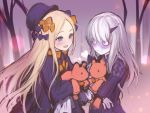  2girls abigail_williams_(fate/grand_order) albino black_bow black_hat blue_eyes blush bow commentary_request fate/grand_order fate_(series) hair_bow hat heart holding_doll horn lavinia_whateley_(fate/grand_order) long_hair looking_at_another multiple_girls no_pupils open_mouth orange_bow oukawa_yuu red_eyes stuffed_animal stuffed_toy teddy_bear very_long_hair white_hair yuri 