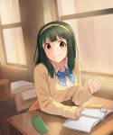  1girl blush breasts brown_eyes cellphone chair classroom closed_mouth desk eyebrows_visible_through_hair flip_phone green_hair hairband idolmaster indoors kamille_(vcx68) looking_at_viewer medium_breasts mole mole_under_mouth notebook otonashi_kotori pencil_case phone sitting smile solo 