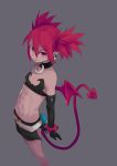  1girl absurdres bare_shoulders belt black_gloves choker demon_tail disgaea etna flat_chest from_above gloves highres jewelry looking_at_viewer looking_up makai_senki_disgaea navel pointy_ears red_eyes redhead simple_background skirt tail thigh-highs twintails wings 