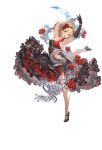  1girl blonde_hair bob_cut dagger dancer_(granblue_fantasy) dancing djeeta_(granblue_fantasy) dress flower gloves granblue_fantasy looking_at_viewer minaba_hideo official_art red_dress rose short_hair single_glove sleeveless smile solo standing standing_on_one_leg transparent_background weapon 