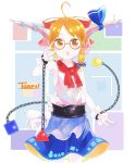  1girl bangs belt blush bow bowtie buttons chains closed_mouth cuffs eyebrows_visible_through_hair glasses gourd hair_bow hand_on_hip highres holding horn_bow horns ibuki_suika looking_at_viewer multicolored multicolored_background o_(crazyoton46) orange_hair purple_bow red_bow red_eyes red_neckwear shackles shirt short_hair sidelocks sleeveless solo touhou white_shirt wristband 