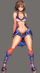  1girl absurdres belt blush boots breasts brown_eyes brown_hair cleavage clyde_s collarbone contrapposto full_body grey_background highres kazama_asuka looking_to_the_side medium_breasts midriff namco short_hair short_shorts shorts single_sleeve slender_waist solo sports_bra standing tekken unzipped wide_hips 