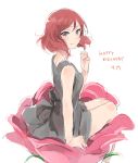  1girl arm_support bare_legs barefoot black_bow black_dress blush bow dated dress flower happy_birthday looking_at_viewer love_live! love_live!_school_idol_project monsieur nishikino_maki pink_hair short_hair simple_background sitting_on_flower sketch sleeveless sleeveless_dress smile solo violet_eyes white_background 