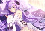  1girl absurdres ahoge ass azur_lane bangs bed bedroom black_bow blush bow breasts chinchongcha dress eyebrows_visible_through_hair highres long_hair looking_at_viewer lying on_side petals pillow purple_hair shiny signature solo sparkle unicorn_(azur_lane) very_long_hair violet_eyes wavy_hair 