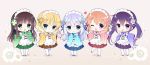  5girls :d :o ;d alternate_costume apron aqua_eyes bangs blonde_hair blue_eyes blue_flower blue_kimono blue_ribbon blue_skirt blunt_bangs blush brown_hair brown_skirt checkered checkered_kimono chibi closed_mouth eyebrows_visible_through_hair floral_background flower full_body gochuumon_wa_usagi_desu_ka? gradient gradient_background green_eyes green_flower green_kimono green_skirt hair_between_eyes hair_flower hair_ornament hairclip hand_to_own_mouth heart holding hoto_cocoa japanese_clothes kafuu_chino kimono kimono_skirt kirima_sharo light_blue_hair long_hair looking_at_viewer maid_apron maid_headdress matching_outfit multiple_girls one_eye_closed open_mouth orange_hair pantyhose pink_flower pink_kimono pleated_skirt purple_hair purple_kimono purple_ribbon purple_skirt red_ribbon red_skirt ribbon santa_matsuri shadow shoes short_hair sidelocks skirt sleeves_past_wrists smile standing teapot tedeza_rize twintails two-tone_background ujimatsu_chiya violet_eyes wa_maid wavy_hair white_apron white_flower white_legwear wide_sleeves x_hair_ornament yellow_flower yellow_kimono 