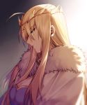  1girl ahoge artoria_pendragon_(all) artoria_pendragon_(lancer) blonde_hair breasts cape cleavage cross crown eyebrows_visible_through_hair fate/grand_order fate_(series) from_side fur-trimmed_cape fur_trim green_eyes hair_between_eyes highres large_breasts long_hair looking_down solo upper_body yorukun 