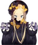  1girl abigail_williams_(fate/grand_order) bangs black_bow black_dress black_hat blonde_hair blue_eyes bow closed_mouth commentary_request dress fate/grand_order fate_(series) hair_bow hands_in_sleeves hat long_hair long_sleeves looking_at_viewer misoni_comi orange_bow parted_bangs polka_dot polka_dot_bow simple_background smile solo tsurime upper_body white_background 