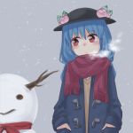  1girl alternate_costume blue_hair blue_jacket breath commentary_request contemporary food fruit grey_background hands_in_pockets hat hinanawi_tenshi jacket long_hair long_sleeves nibi peach red_eyes red_scarf scarf snowing snowman solo touhou upper_body 