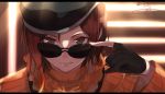  1girl artist_name beret brown_eyes brown_hair coco_adel eyewear_removed fingerless_gloves gloves hat isshiki_(ffmania7) rwby solo sunglasses 