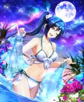  1girl aurora bangle bikini blue_hair blush bracelet breasts commentary eu_(euspia) flower full_moon jewelry large_breasts long_hair looking_at_viewer love_live! love_live!_sunshine!! matsuura_kanan moon navel one_eye_closed open_mouth ponytail revision sarong smile solo sparkle swimsuit violet_eyes wading white_bikini 