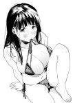  1girl bangs bare_shoulders barefoot bikini blunt_bangs blush breasts cleavage from_above greyscale highres kamiyama_aya knee_up large_breasts leaning_back long_hair looking_at_viewer monochrome mouth_hold original plump side-tie_bikini simple_background sitting skindentation solo sweat swimsuit white_background 