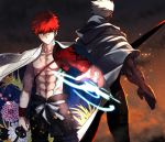  2boys abs archer bow_(weapon) cape dark_skin dark_skinned_male emiya_shirou fate/grand_order fate/stay_night fate_(series) igote japanese_clothes limited/zero_over looking_at_viewer male_focus matsuya_(pile) multiple_boys orange_hair weapon white_cape white_hair yellow_eyes 