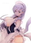  1girl azur_lane bangs bare_shoulders belfast_(azur_lane) blue_hair braid breasts chains cleavage dress eyebrows_visible_through_hair french_braid garter_straps gloves highres holding holding_skirt kigawa_rin large_breasts long_hair looking_at_viewer maid maid_headdress parted_lips silver_hair smile solo white_background 