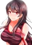  1girl absurdres bare_arms bare_shoulders black_hair blush bow breasts closed_mouth collarbone hair_between_eyes highres large_breasts leaning_forward long_hair looking_at_viewer original red_bow red_eyes smile solo upper_body yeyebirdie 
