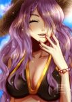  1girl beach bikini breasts camilla_(fire_emblem_if) closed_eyes fire_emblem fire_emblem_if hair_over_one_eye hat highres large_breasts long_hair looking_at_viewer outdoors purple_hair smile solo straw_hat swimsuit wavy_hair 