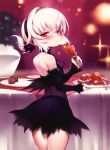  1girl back black_dress blush cake chicken_leg commentary_request detached_sleeves dress eating food hairband highres long_hair looking_at_viewer m-da_s-tarou plant plate potted_plant red_eyes solo table tanaka_the_wizard white_hair 