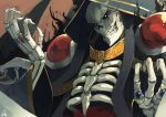  1boy ainz_ooal_gown aura black_sclera cloak commentary hood_up jewelry lansane lich long_sleeves looking_at_viewer necromancer overlord_(maruyama) ribs ring signature skeleton solo teeth upper_body wide_sleeves 