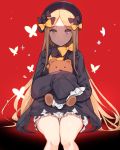  1girl abigail_williams_(fate/grand_order) bangs black_bow black_dress black_hat blonde_hair bloomers bow butterfly closed_mouth commentary_request dress eyebrows_visible_through_hair fate/grand_order fate_(series) frills hair_bow hands_in_sleeves hat hona_(pixiv7939518) long_hair long_sleeves looking_at_viewer object_hug orange_bow parted_bangs polka_dot polka_dot_bow red_background sitting smile solo sparkle stuffed_animal stuffed_toy teddy_bear underwear very_long_hair white_bloomers 