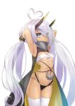  1girl ahoge aiueonesan_(umanaminoatama) anchor armor armpits arms_up azur_lane bandeau bangs bare_shoulders black_cape black_gloves black_panties blue_eyes breasts bunching_hair cape commentary_request covered_mouth cowboy_shot dark_skin eyes_visible_through_hair fingerless_gloves gloves gorget hair_over_one_eye headgear heart_ahoge heterochromia horns indianapolis_(azur_lane) long_hair looking_at_viewer low_twintails navel panties silver_hair simple_background small_breasts solo standing thigh-highs twintails underwear very_long_hair white_background white_bandeau white_legwear yellow_eyes 