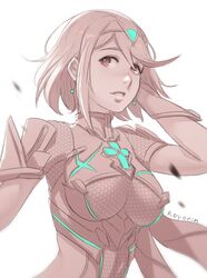  1girl breasts hair_ornament pyra_(xenoblade) jewelry koyorin large_breasts monochrome short_hair simple_background smile solo tiara xenoblade xenoblade_2 