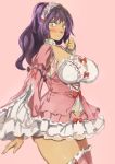 1girl blush breasts bursting_breasts cleavage closed_mouth commentary_request dress large_breasts long_hair looking_at_viewer maid_headdress pink_dress purple_hair red_eyes smile solo standing touhou yasaka_kanako yohane 