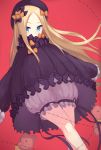  1girl abigail_williams_(fate/grand_order) bangs barbed_wire black_bow black_dress black_hat blonde_hair bloomers blue_eyes bow butterfly commentary_request covered_mouth dress eyebrows_visible_through_hair fate/grand_order fate_(series) hands_in_sleeves hat highres ichijou_(kr_neru0) long_hair long_sleeves looking_at_viewer orange_bow parted_bangs polka_dot polka_dot_bow red_background solo stuffed_animal stuffed_toy teddy_bear underwear v-shaped_eyebrows very_long_hair 