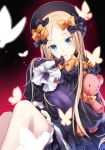  1girl :o abigail_williams_(fate/grand_order) bangs black_bow black_dress black_hat blonde_hair blue_eyes bow butterfly commentary_request dress eyebrows_visible_through_hair fate/grand_order fate_(series) flywinga7 hair_bow hands_in_sleeves hat head_tilt long_hair long_sleeves looking_at_viewer object_hug orange_bow parted_bangs parted_lips polka_dot polka_dot_bow sitting solo stuffed_animal stuffed_toy teddy_bear very_long_hair 